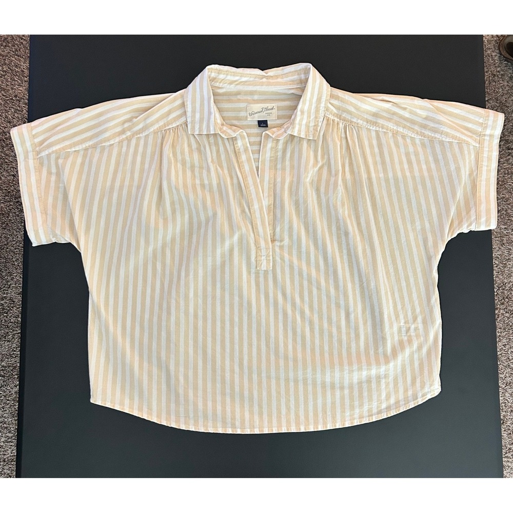Universal Thread Yellow White Striped Cotton Boxy Short Sleeve Top Large 1381